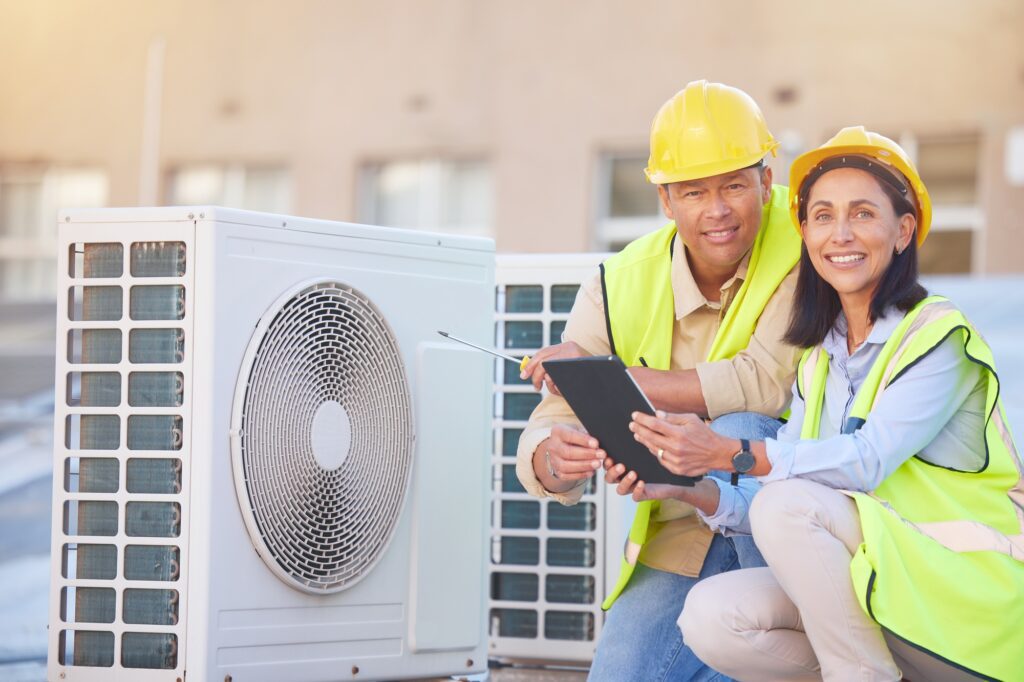 Air conditioner, building maintenance and teamwork with tablet, smile and development with engineer