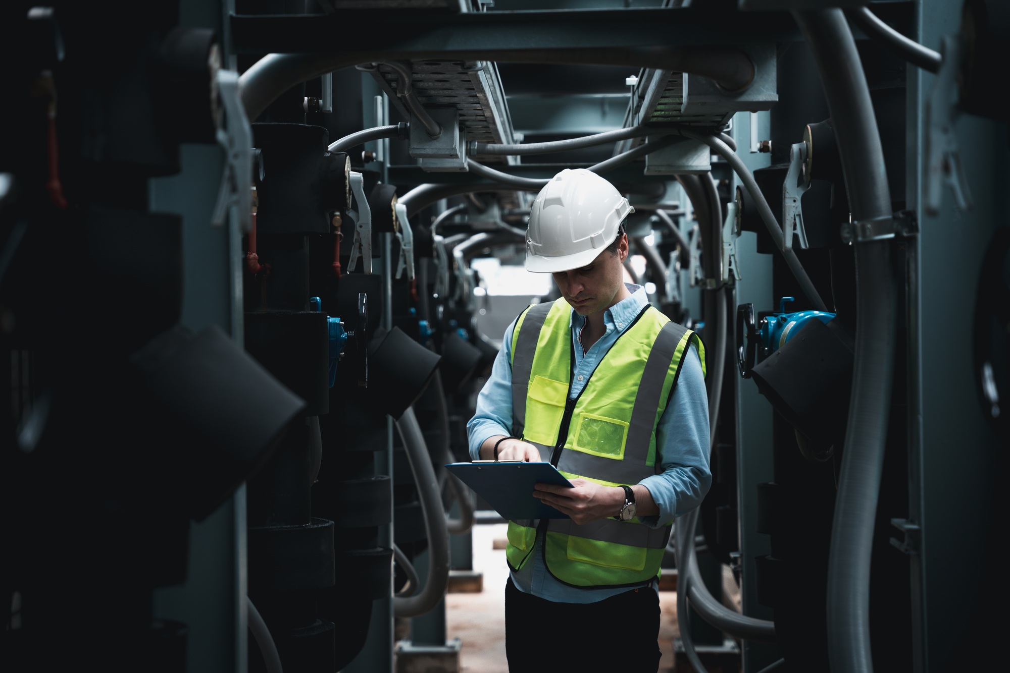 Engineer is checking the cooling system for the air conditioning in building or industrial building.