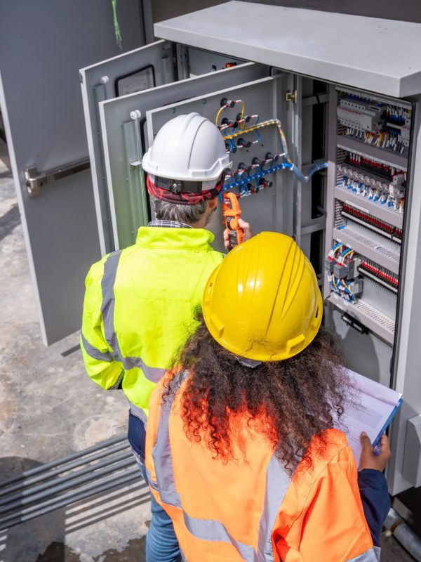 Engineer wearing safety uniform checking and inspecting at MDB panel working with electric switchboa